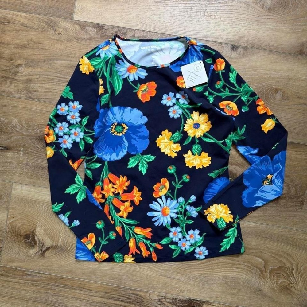 NWT Lands End Sunshade Tee‎ UPF 50 Long Sleeve Swim Rash Guard Women's XS Floral